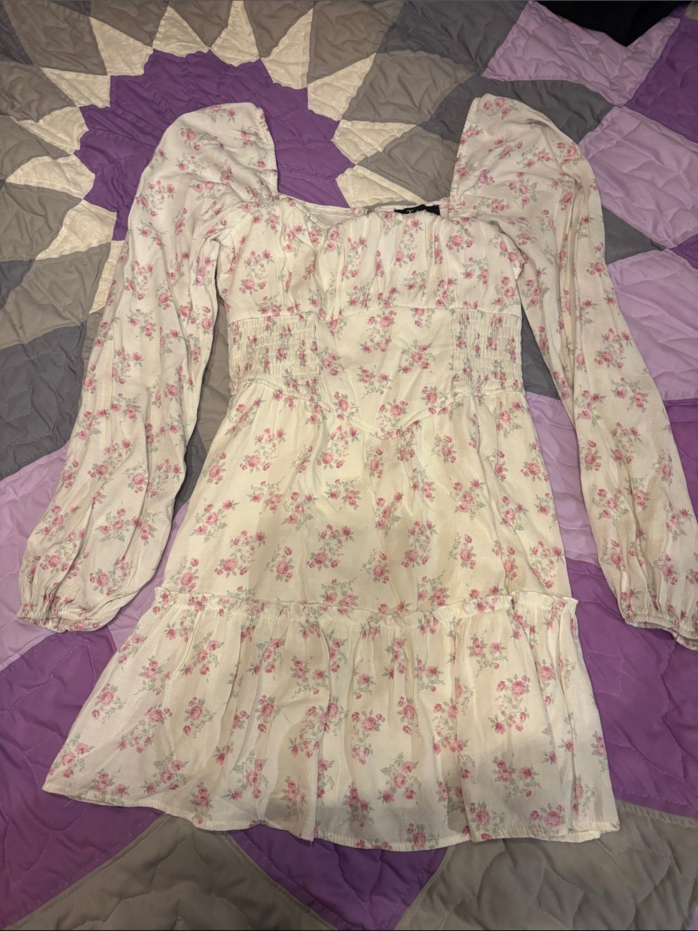 Trixxi Cream Mini Dress with Pink Floral Print - Long Sleeve